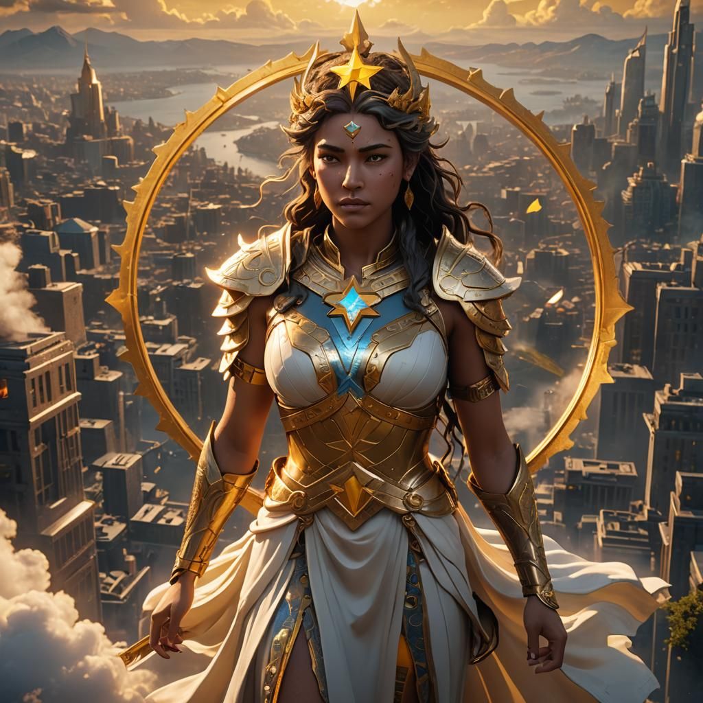 Goddess of Day Over Cityscape in 3D Art