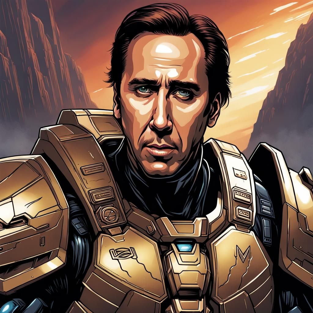 Nicholas Cage as a Halo Spartan in Comic Book Art