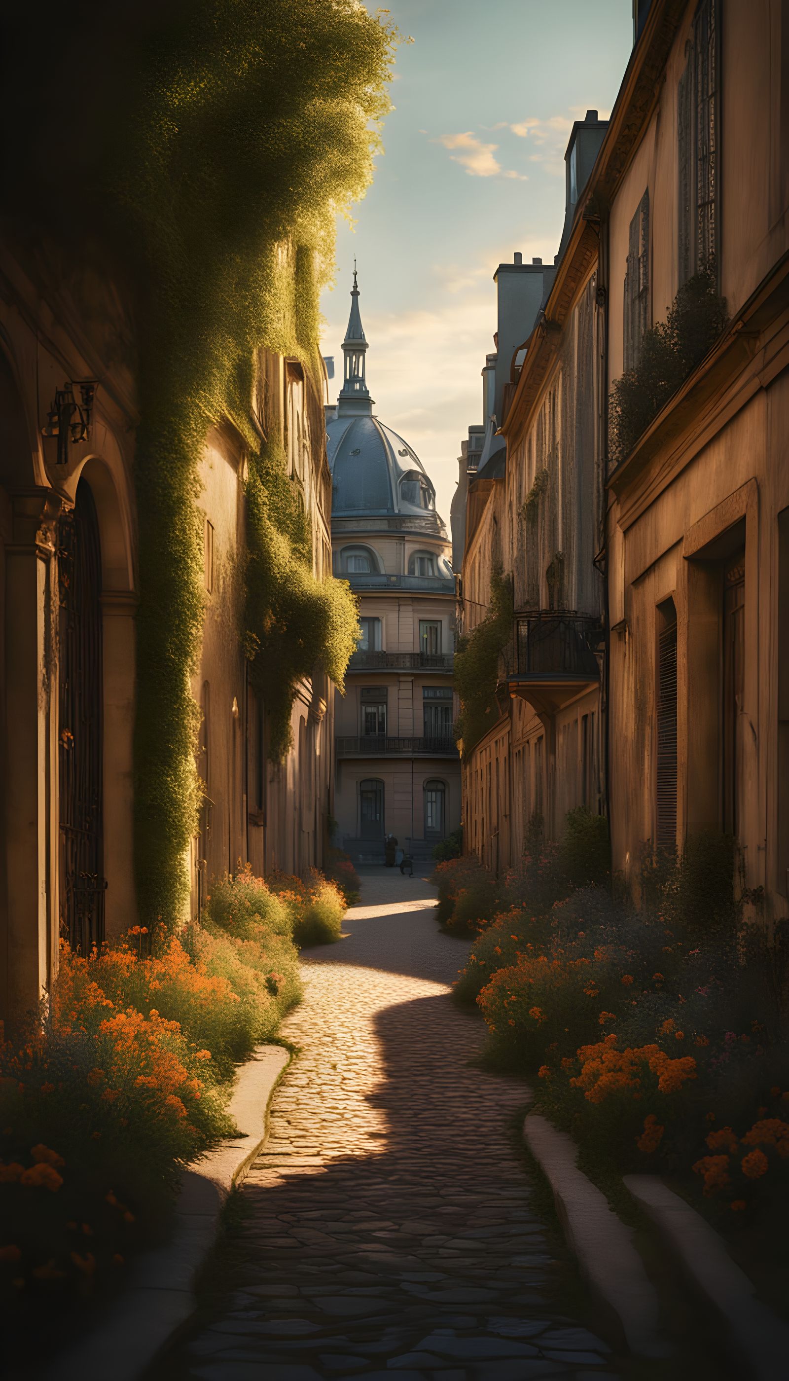 Overgrown Paris Street with Deer, Cinematic Digital Painting