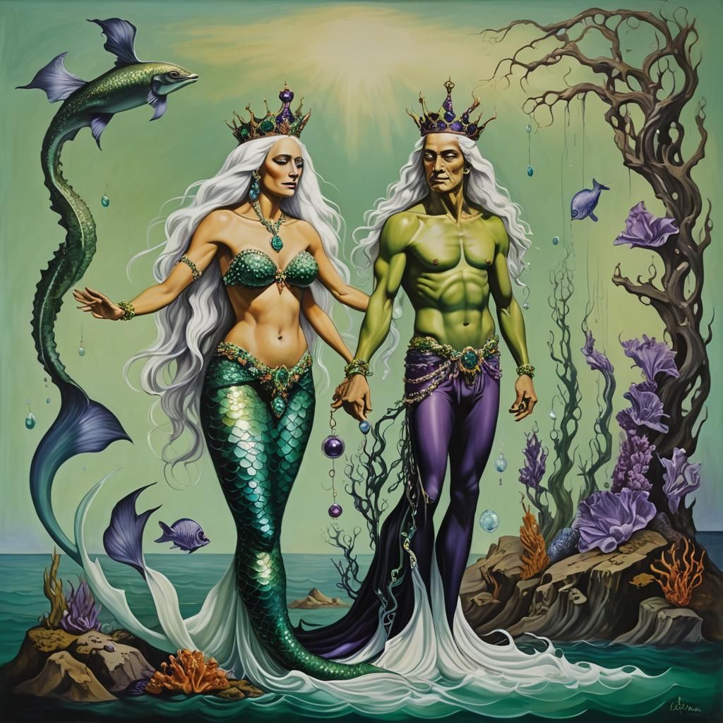 Surreal Mermaid and Merman in Kelp Forest