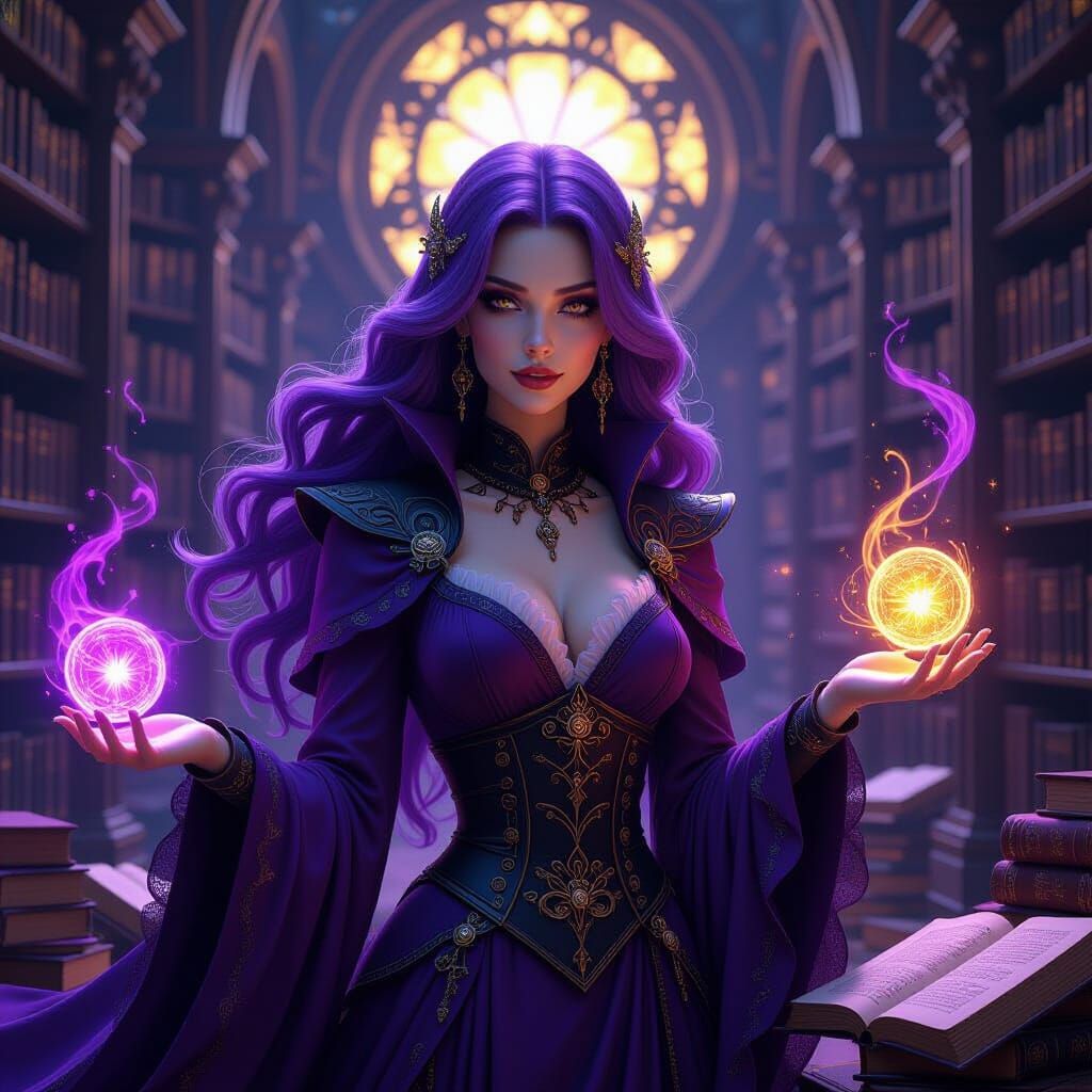 Sorceress in Arcane Library, Dramatic Digital Art