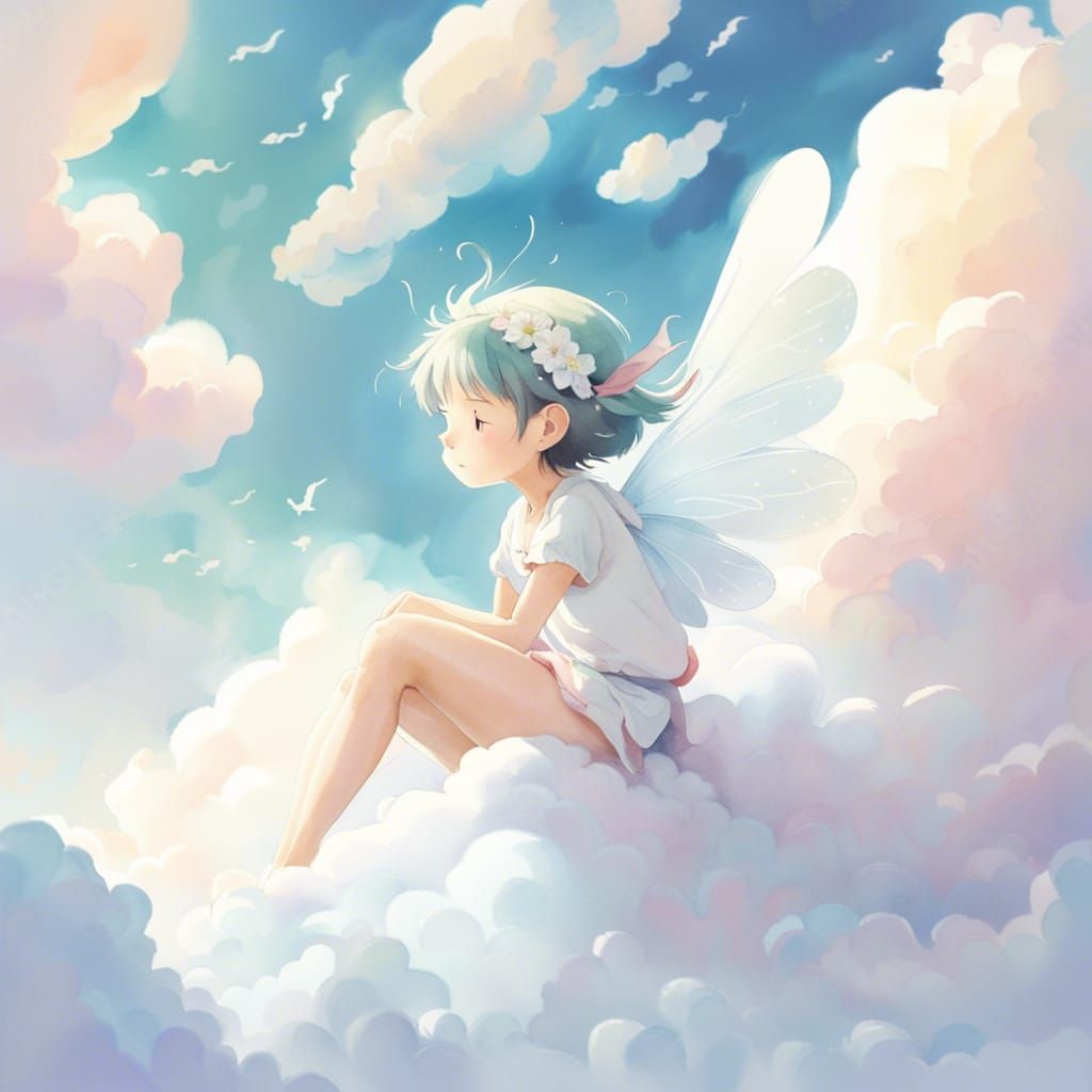 Whimsical Cloud Fairy in Anime Watercolor Style