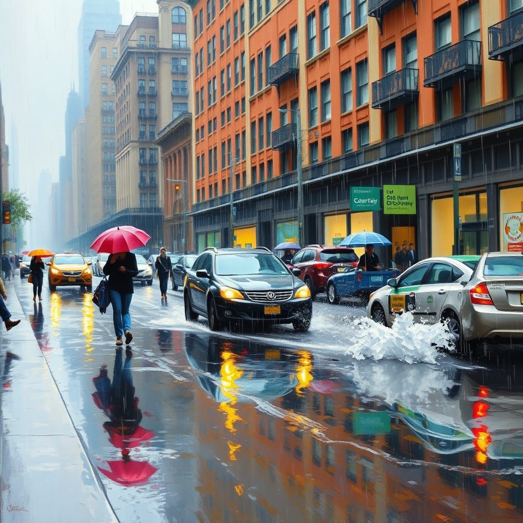 Rainy City Street with Impressionist Brushstrokes