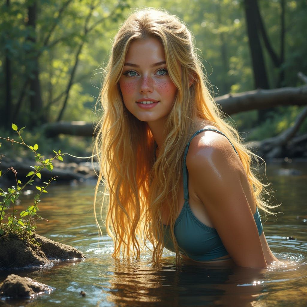 Beautiful Woman Paddling in Sunlit Woodland Stream