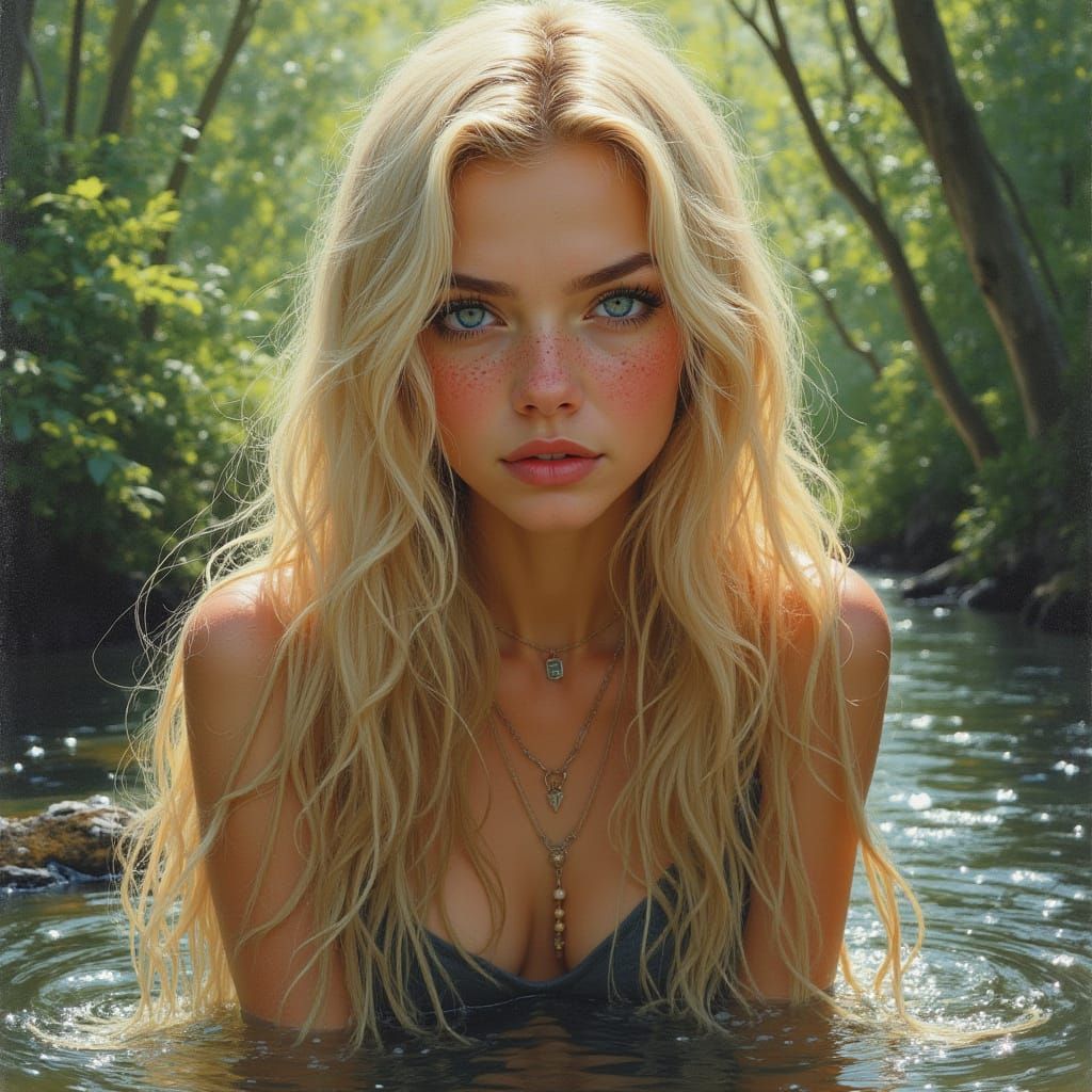 Beautiful Woman with Freckles Paddling in Sunlit Woodland