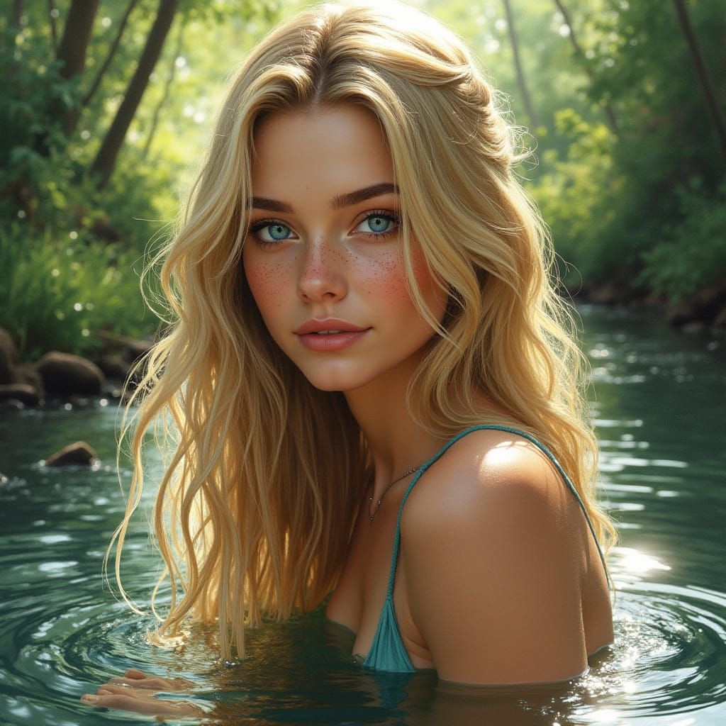Beautiful Woman Paddling in Sunlit Woodland Stream