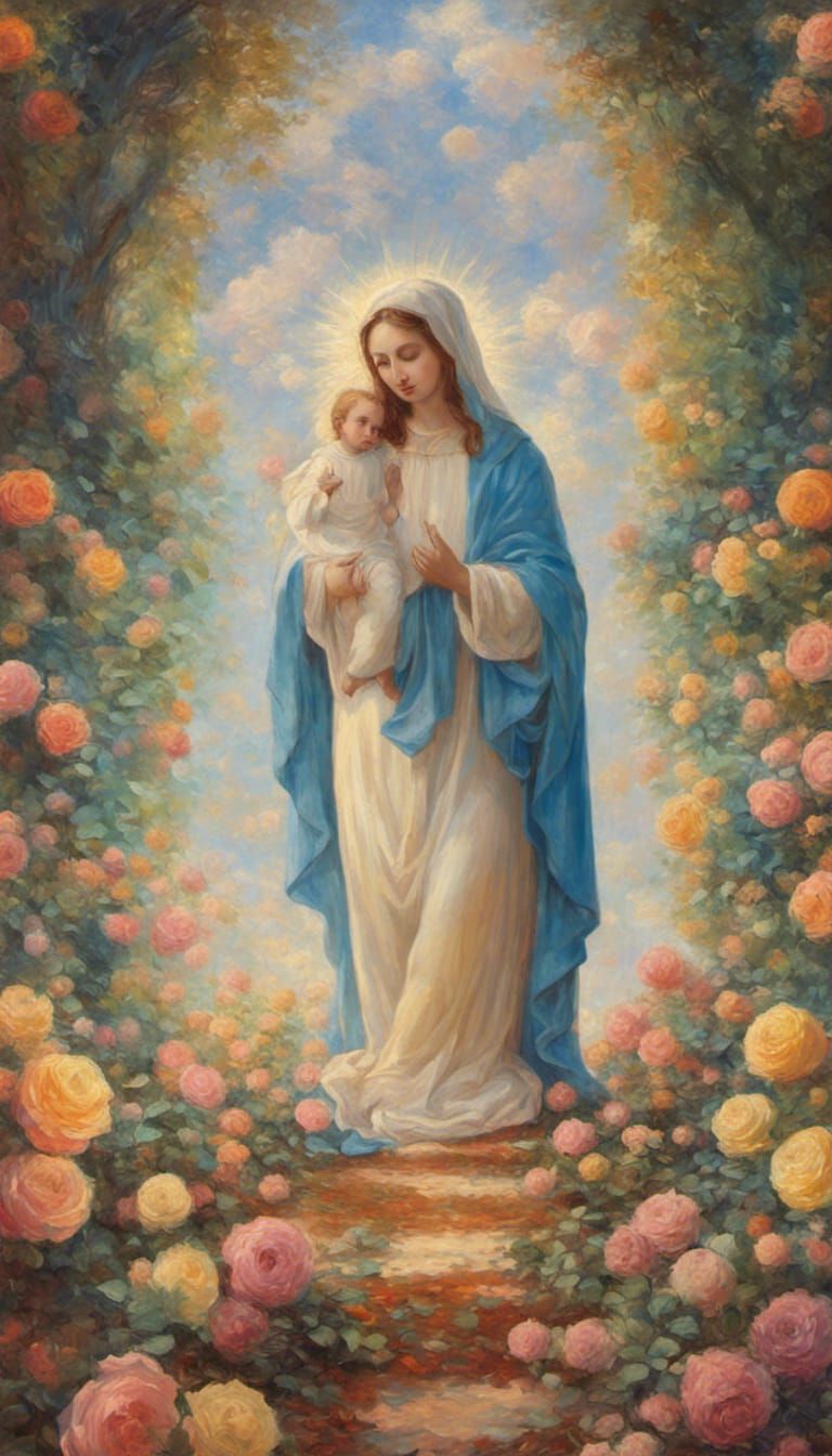 Virgin Mary amongst the roses split-complementary colors col...