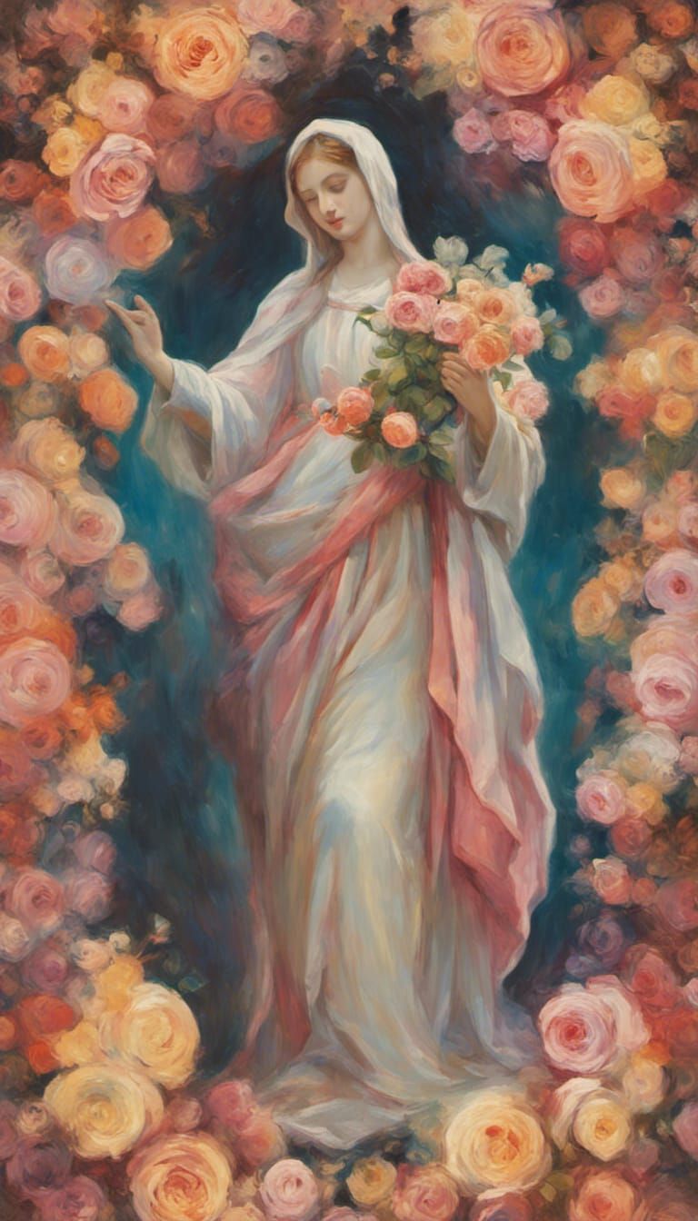 Virgin Mary amongst the roses split-complementary colors color graded warm colors Claude Monet oil on canvas wet brush r...