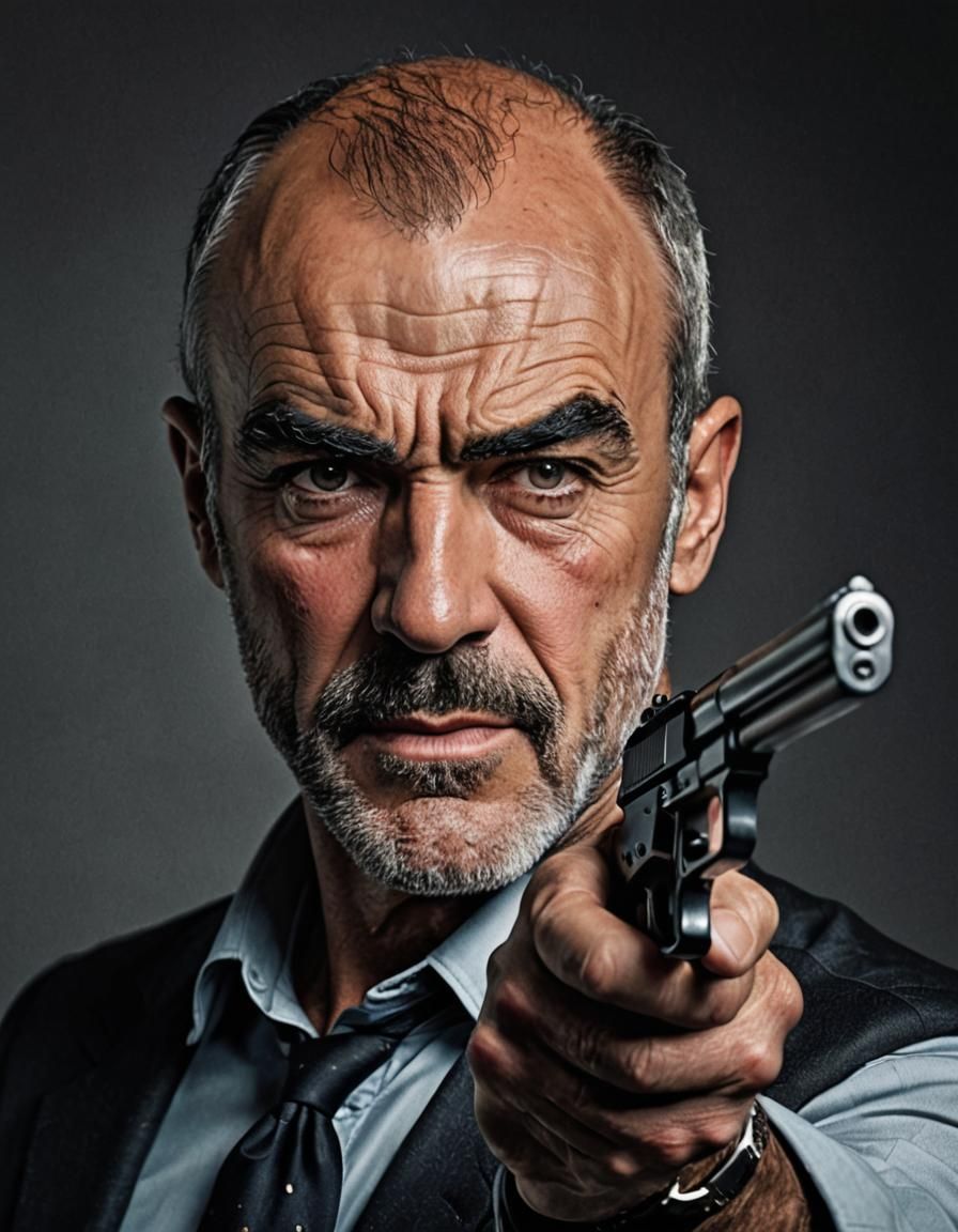 A young, bearded Sean Connery as a dangerous man holding a g...