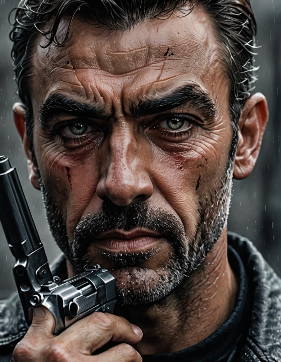 A bearded, dangerous man holding a gun