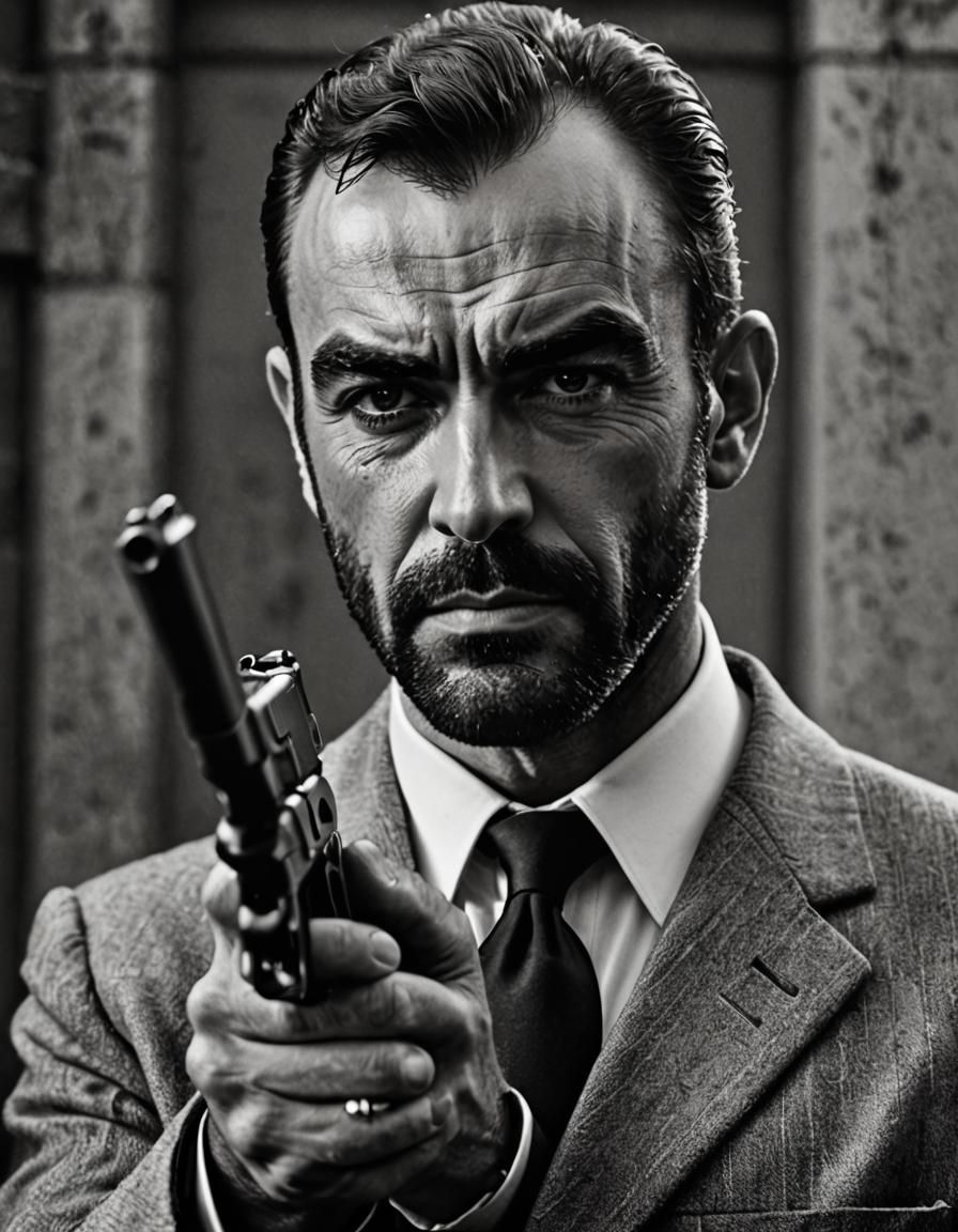 A young, bearded Sean Connery as a dangerous man holding a g...