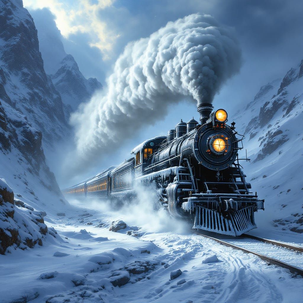 Winter Steam Train in Dramatic Mountain Pass