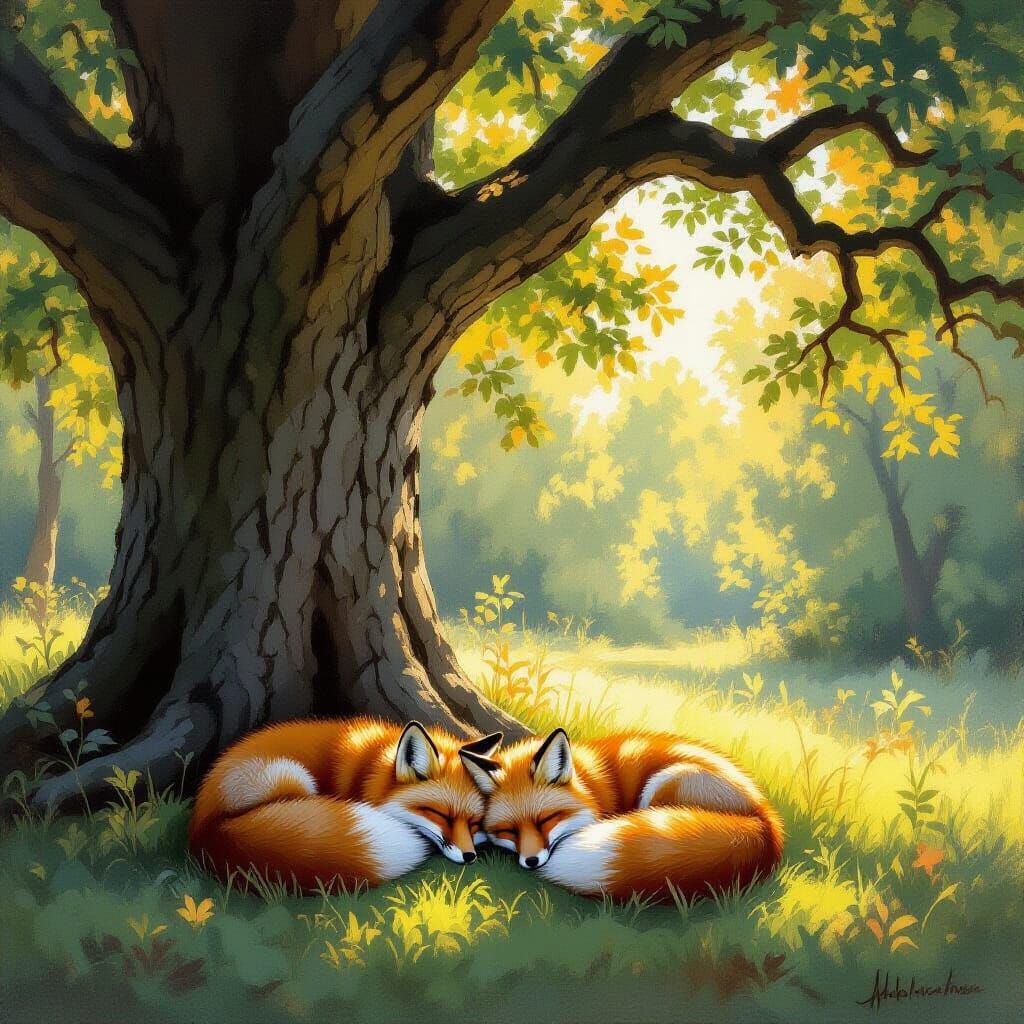 Two Foxes Sleeping in Sun-Dappled Forest Clearing