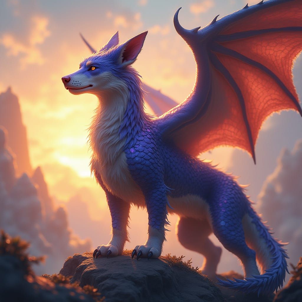 Surreal Canine-Dragon Hybrid in Ethereal Fantasy Realm