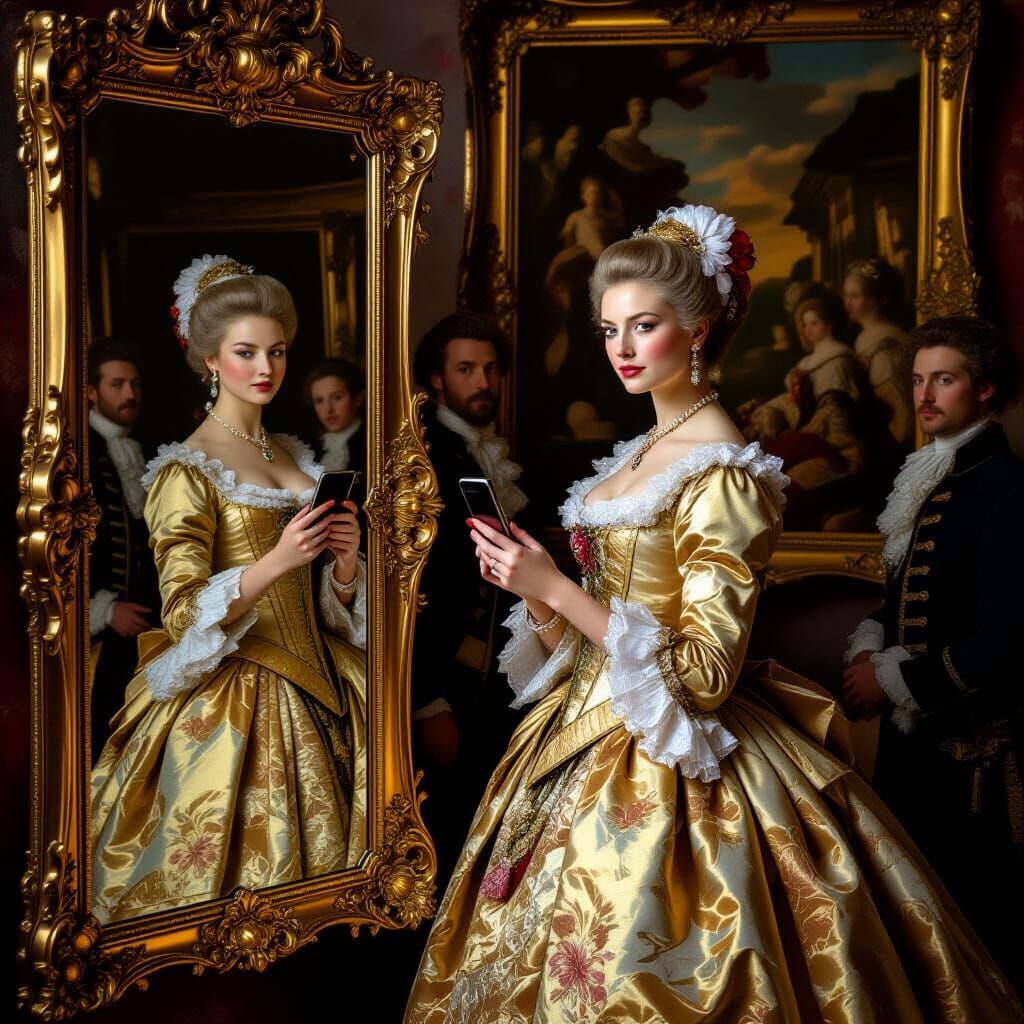 Rococo Noblewoman with Smartphone in Baroque Style