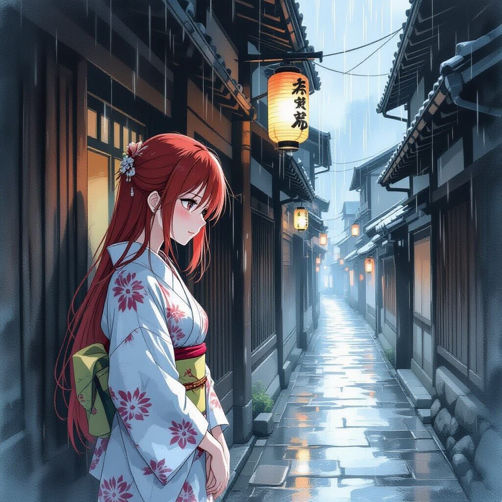 Red-Haired Woman in Rainy Alleyway Charcoal Drawing