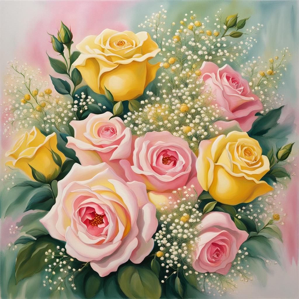 Pink and Yellow Roses in the Style of O'Keefe