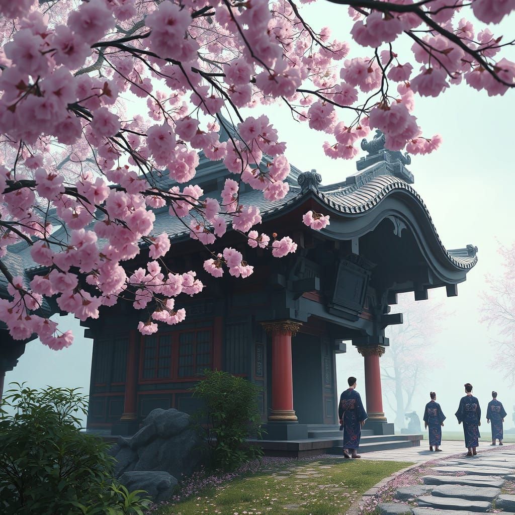 Serene Cherry Blossom Shrine in Soft Focus