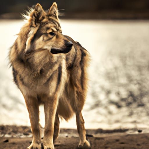 Wolf on Riverbank: Hyperrealistic 64 Megapixel Image