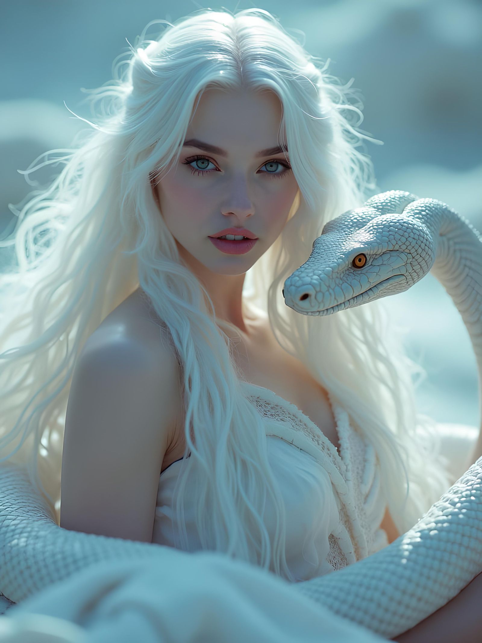 Ethereal Beauty with Snake in Dreamy Setting