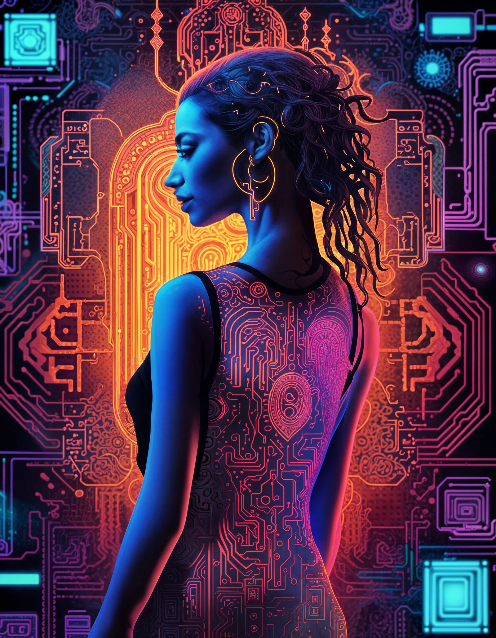 Cyberpunk Circuit Silhouette in Neon Colors