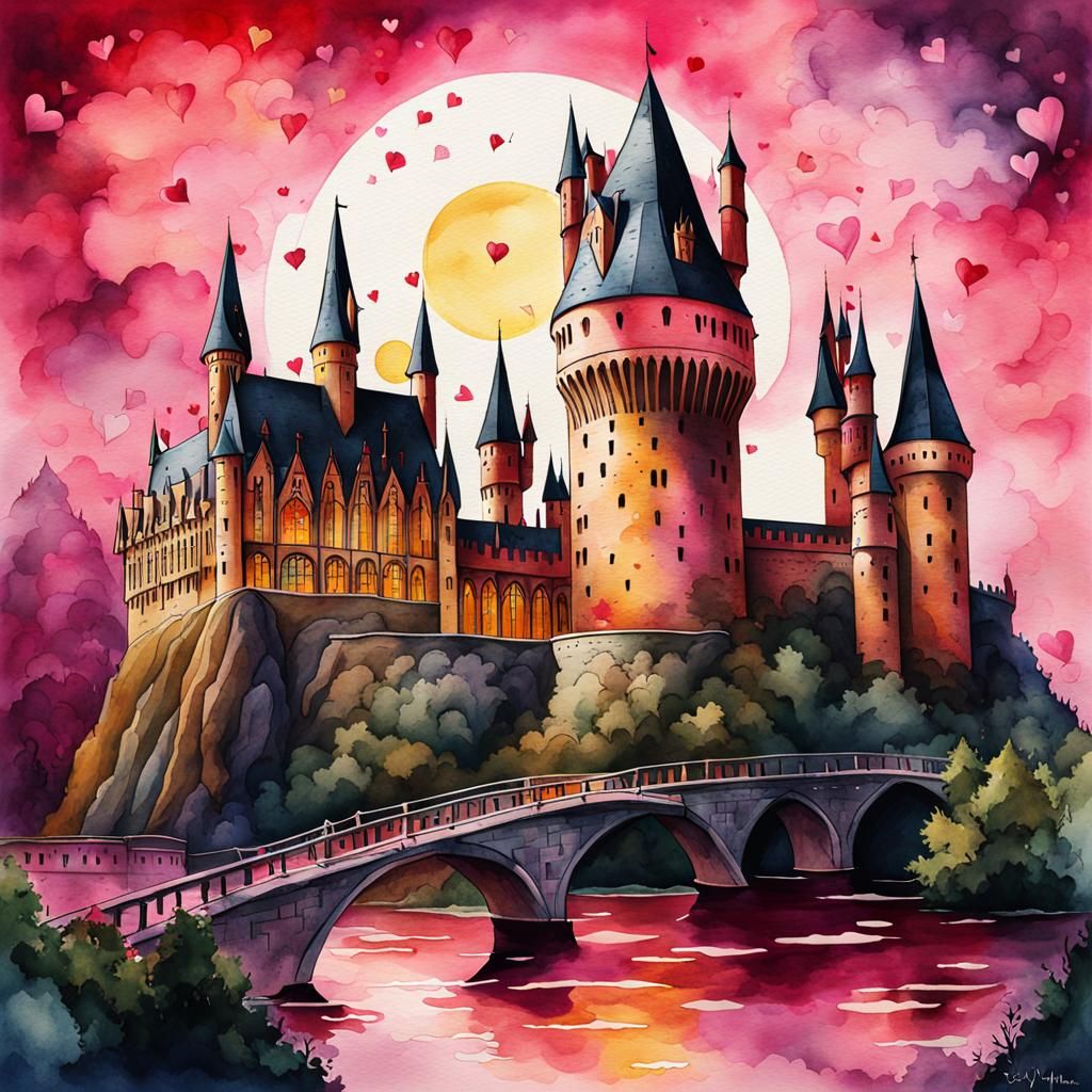 Valentine's Day at Hogwarts: A Watercolor Painting