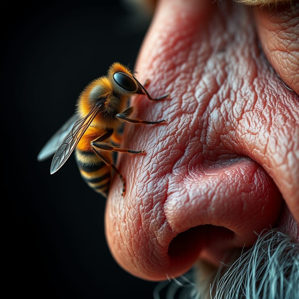 Macro Bee Perched on Man's Nose