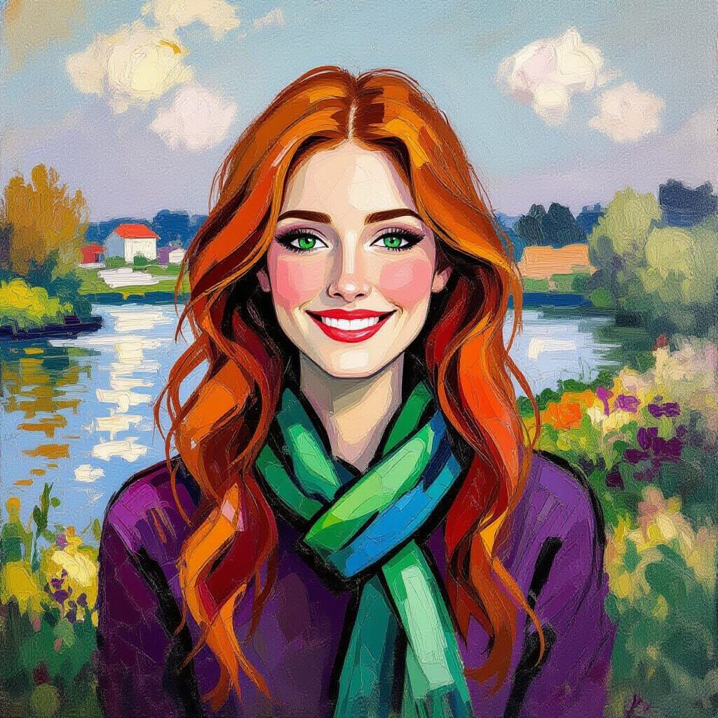 Monet Inspired Post-Impressionist Portrait of Smiling Woman
