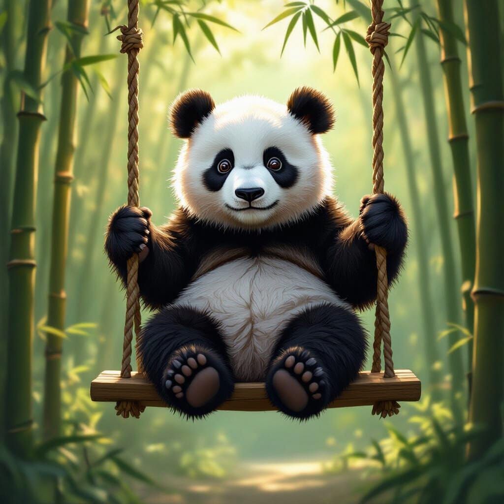 Panda on a Swing in Bamboo Forest
