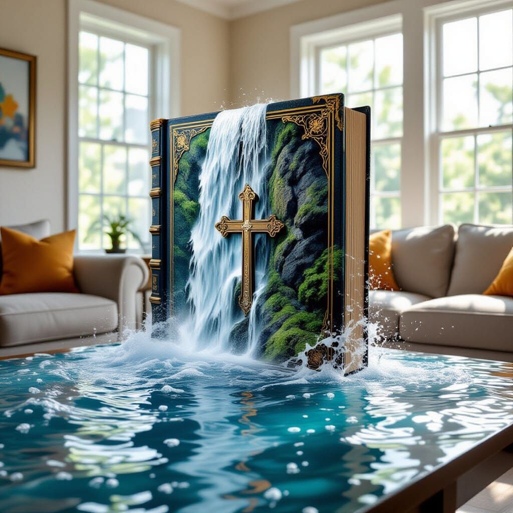 Ancient Book Unleashes Waterfall in Hyperrealistic Photo