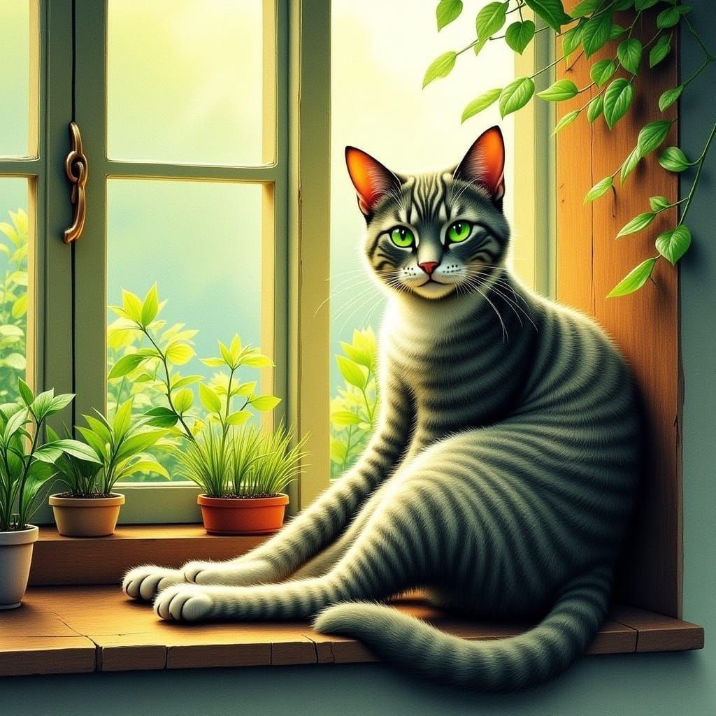 Anthropomorphic Cat Lounging in Watercolor Style