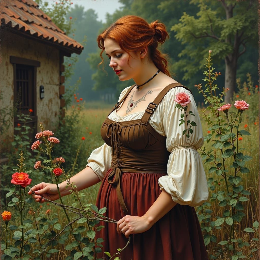 Peasant Woman Gardening: Dark Fantasy Painting in Royo Style