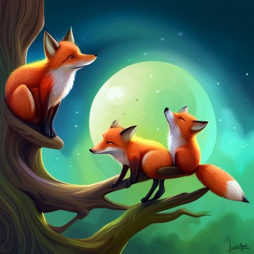 Rainbow Foxes on Tree Trunk in Storybook Style