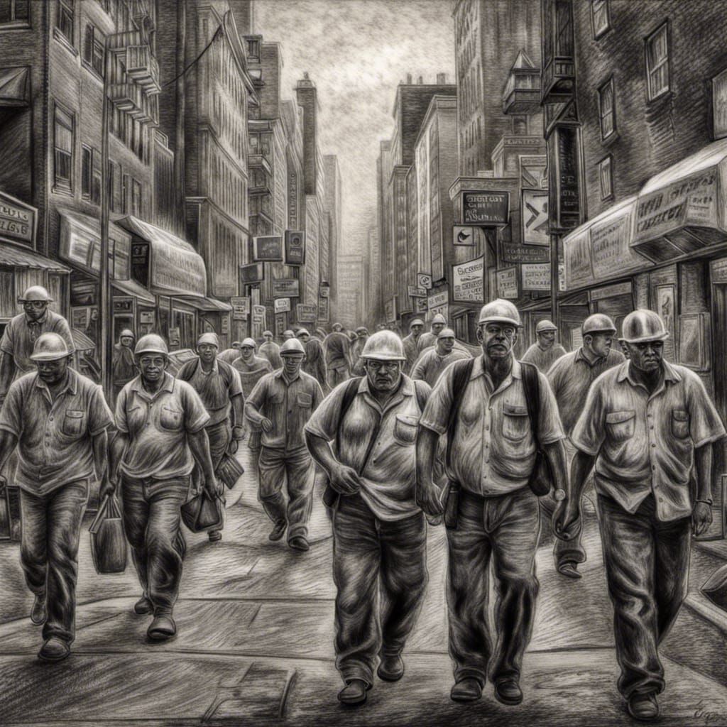 Construction Workers Return: Detailed Charcoal Drawing
