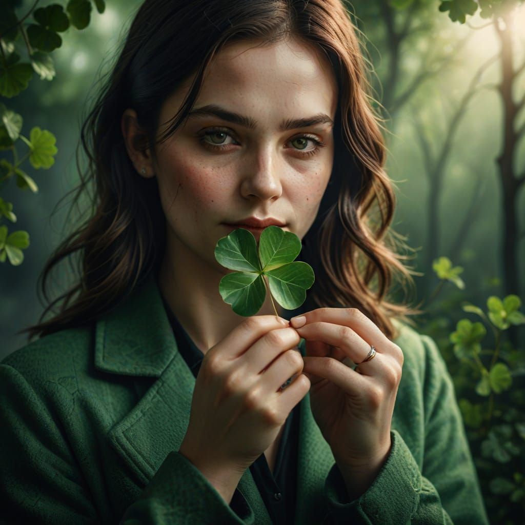 Woman Holds Four-Leaf Clover: Hyperrealistic Digital Art
