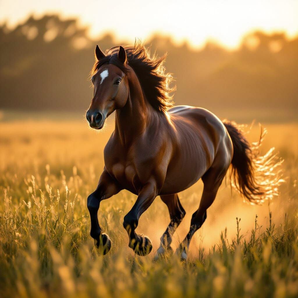 Majestic Horse Galloping in a Sun-Drenched Field