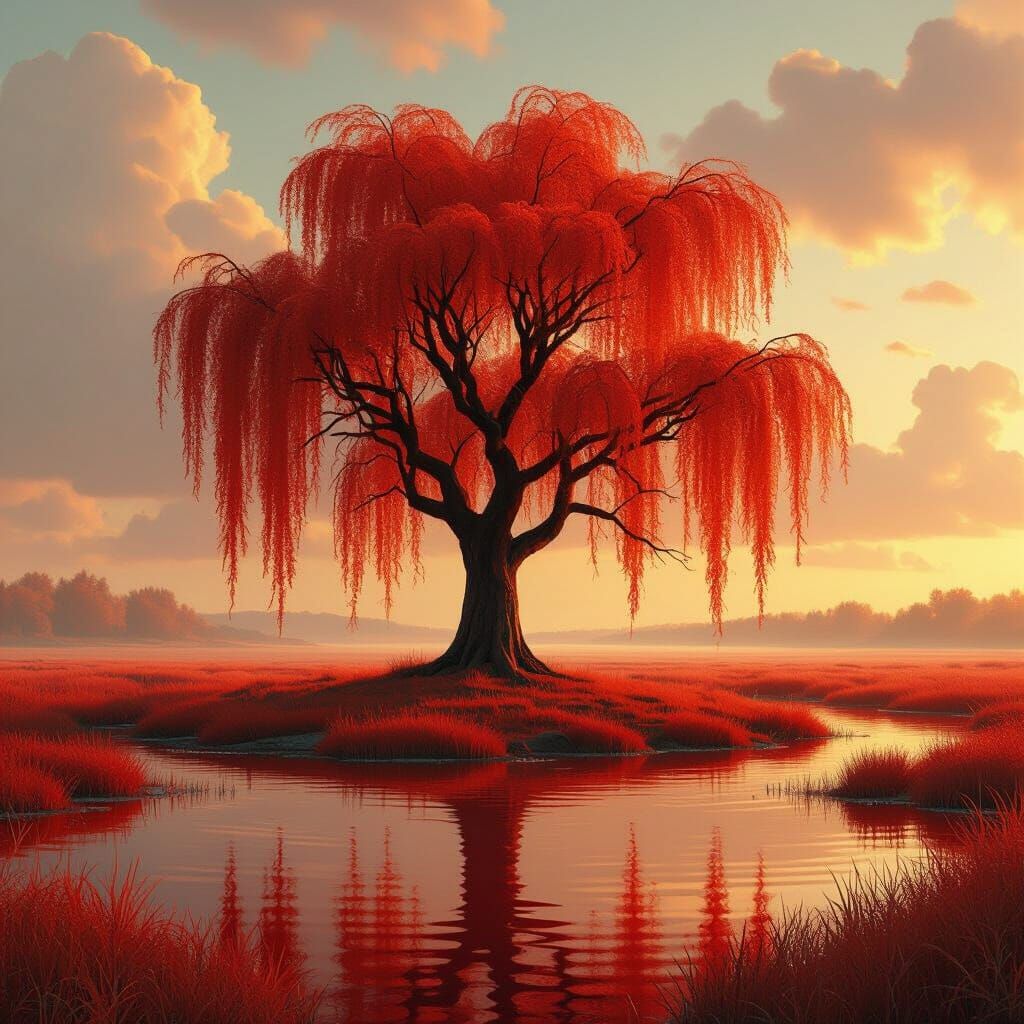 Red Willow Tree on Island in Red Pond, Golden Light