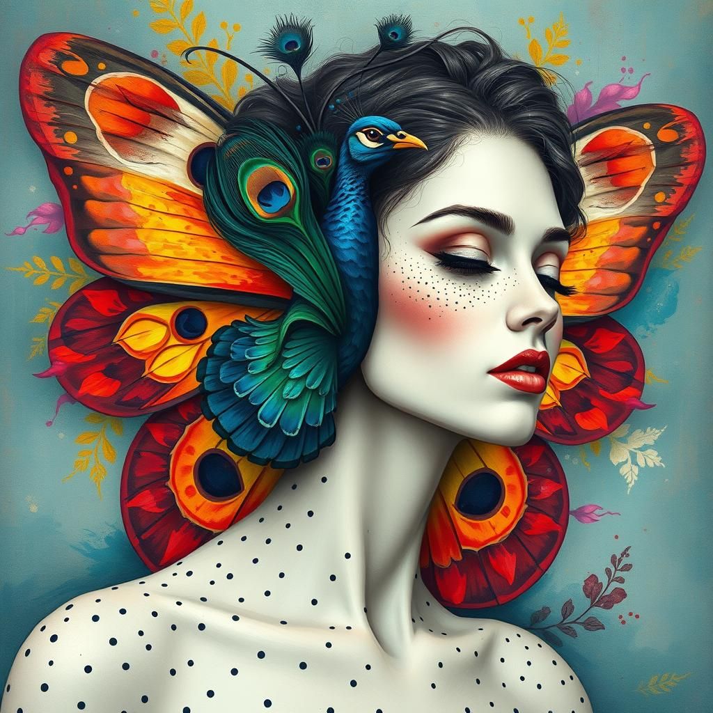 Butterfly Woman with Peacock Feathers in Abstract Art