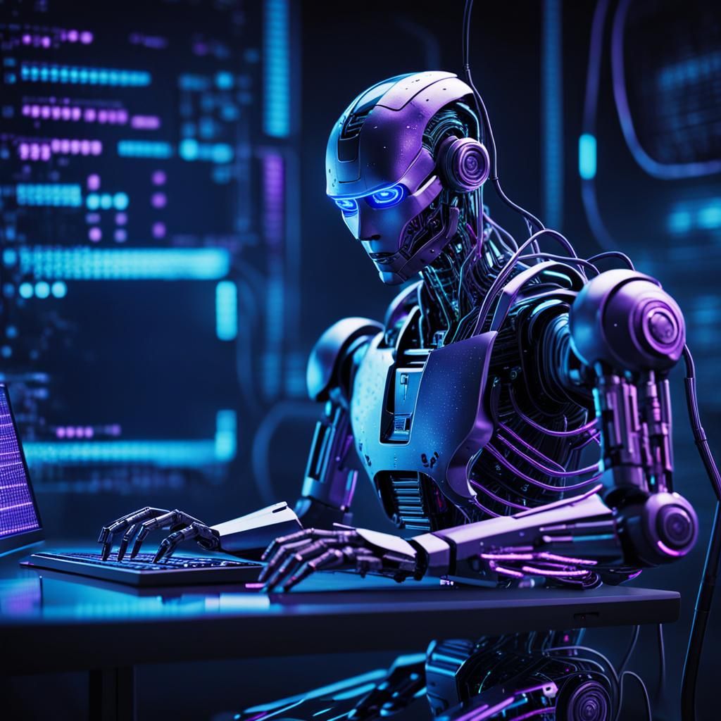 Cyberpunk Robot Surrounded by Code in Neon Lit Room