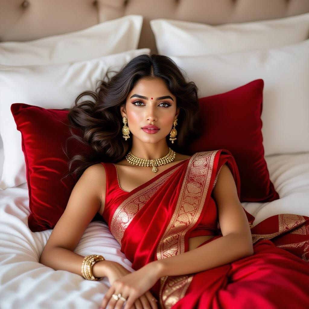Indian Model in Red Saree: Elegant Fashion Portrait