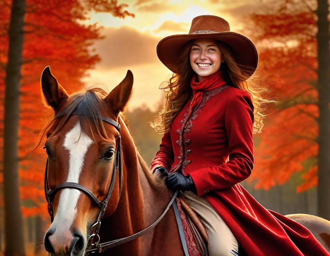 Renaissance Woman on Horseback in Autumn Forest