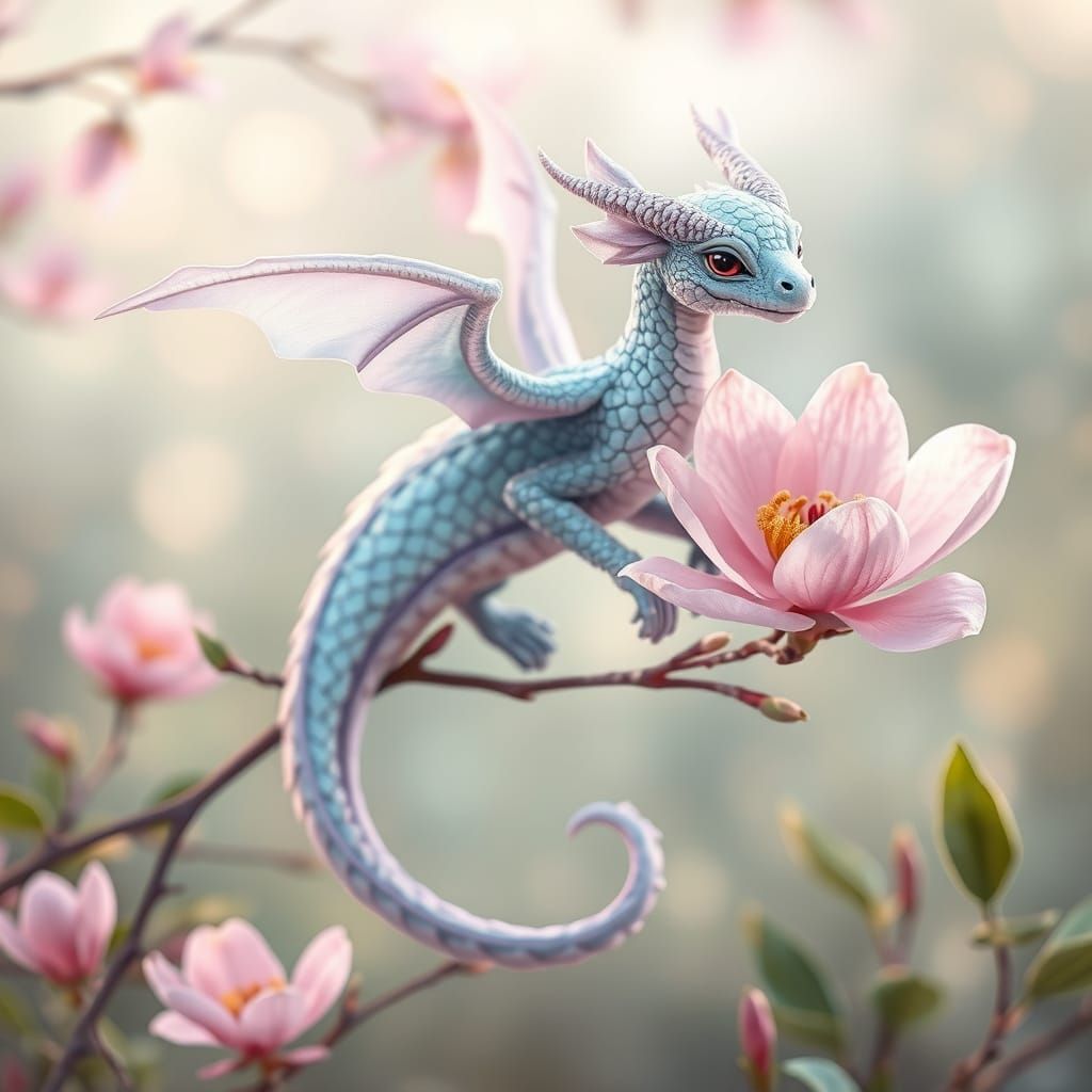 Ethereal Dragon on Blooming Magnolia in Whimsical Watercolor