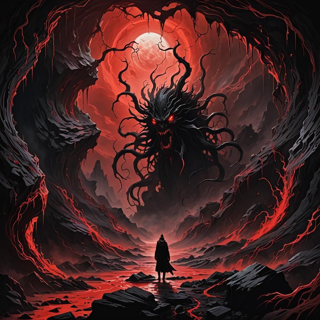 Eldritch Monster in Cave Bathed in Red Moonlight