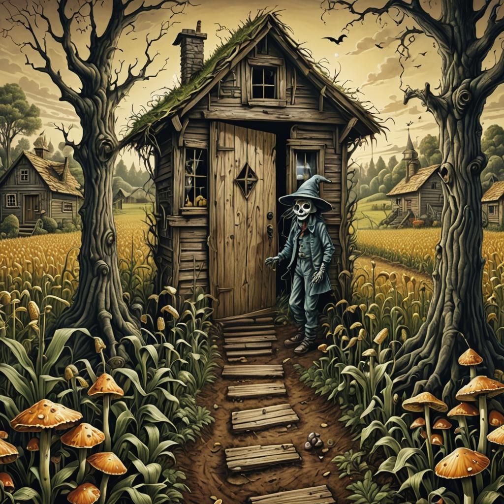 Creepy Scarecrow in Surreal Mushroom Garden