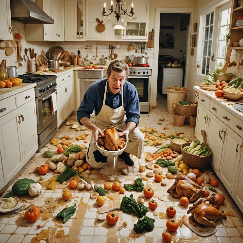 Whimsical Kitchen Chaos in Watercolor Style