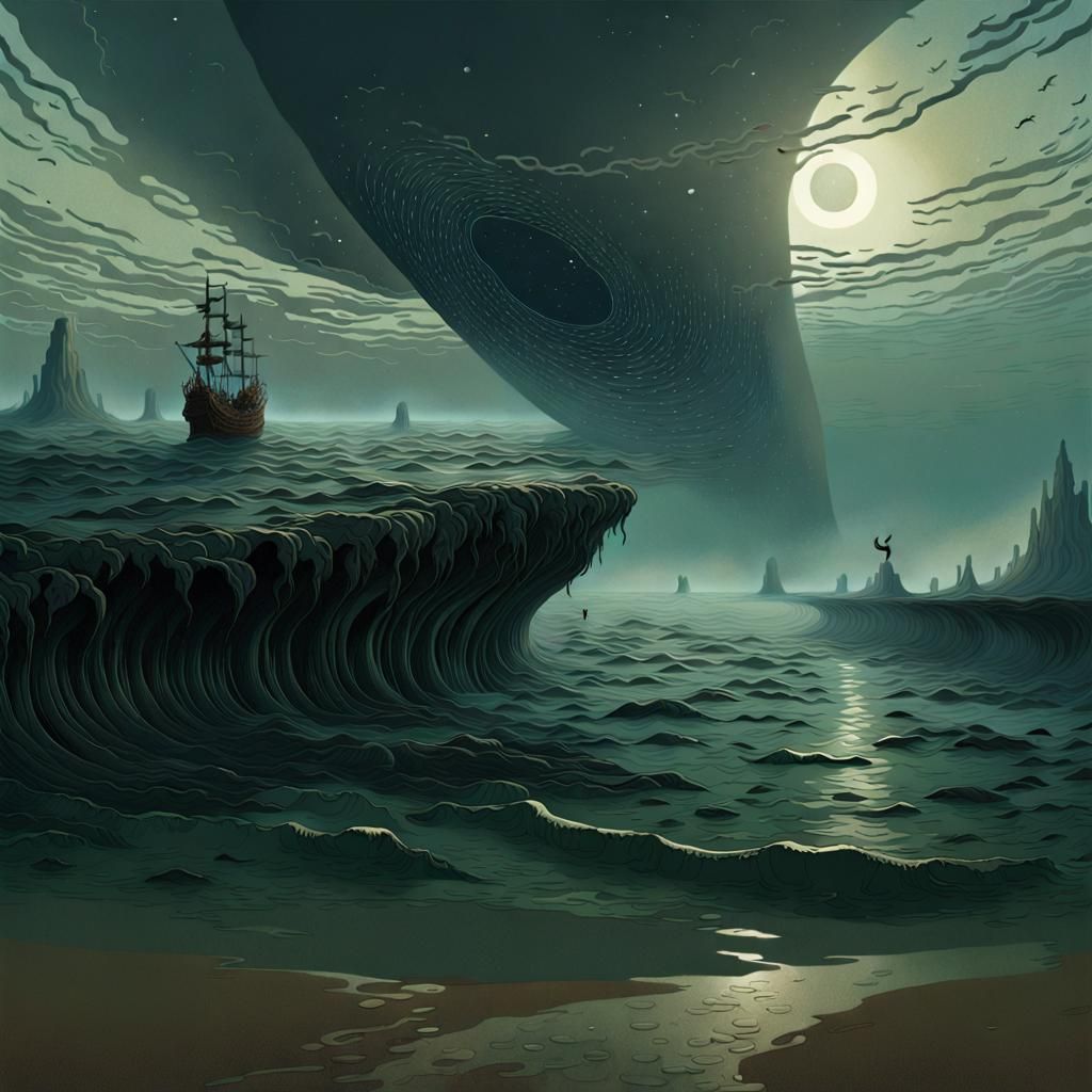 Endless Milk Ocean with Ominous Shapes, Sinister Art