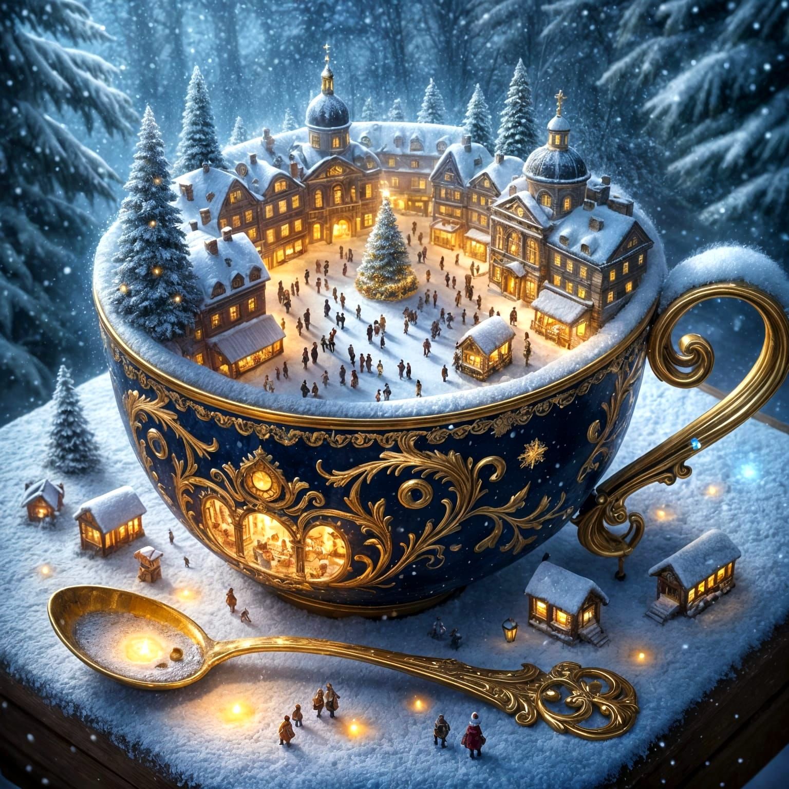Rococo Winter Wonderland in a Golden Blue Mug