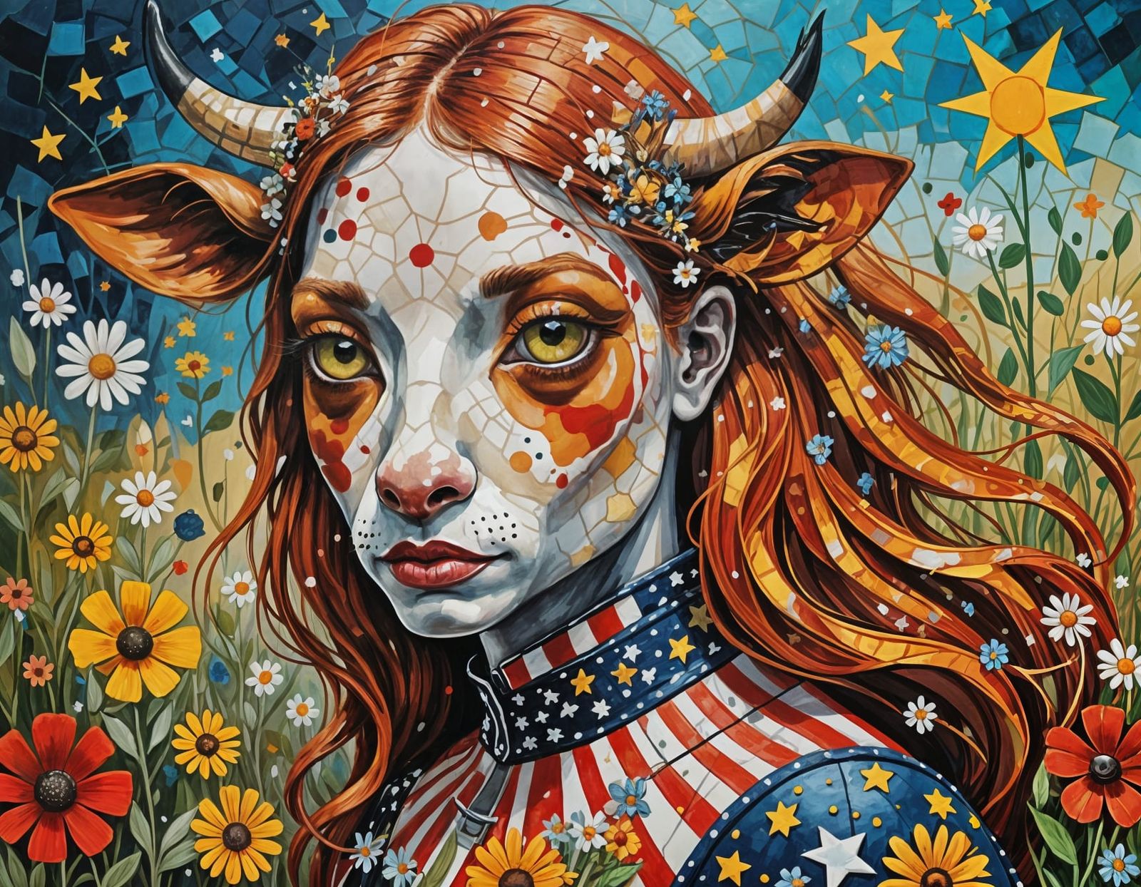 Cowgirl's Whimsical Picnic in a Surreal Landscape