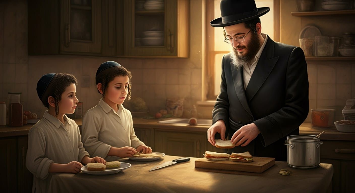 Heartwarming Kitchen Scene: Hasidic Father Making Sandwiches