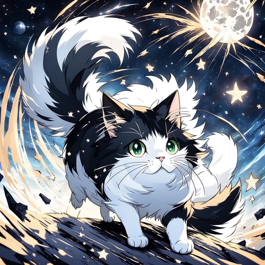 Fluffy Cat Amongst Shooting Stars in Anime Style